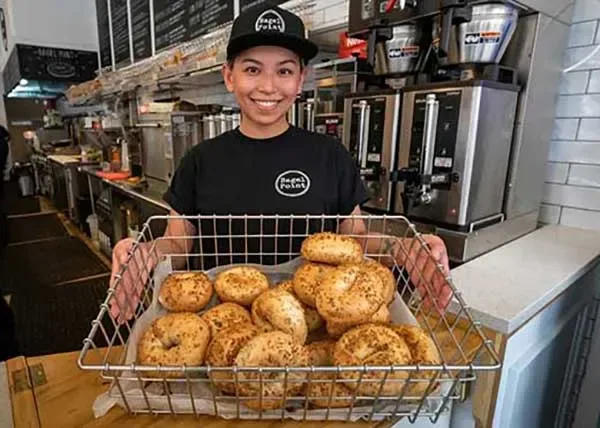 Behind the counter at Bagel Point in Greenpoint