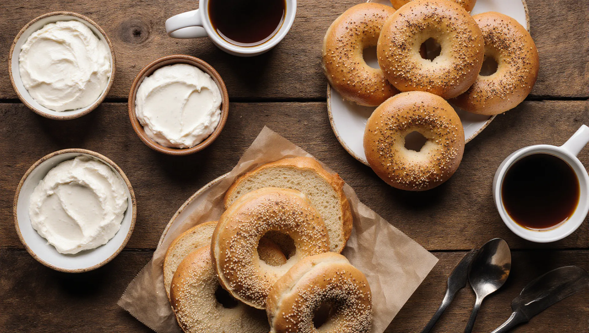 Office breakfast catering setup with bagel platters and cream cheeses in a Brooklyn conference room