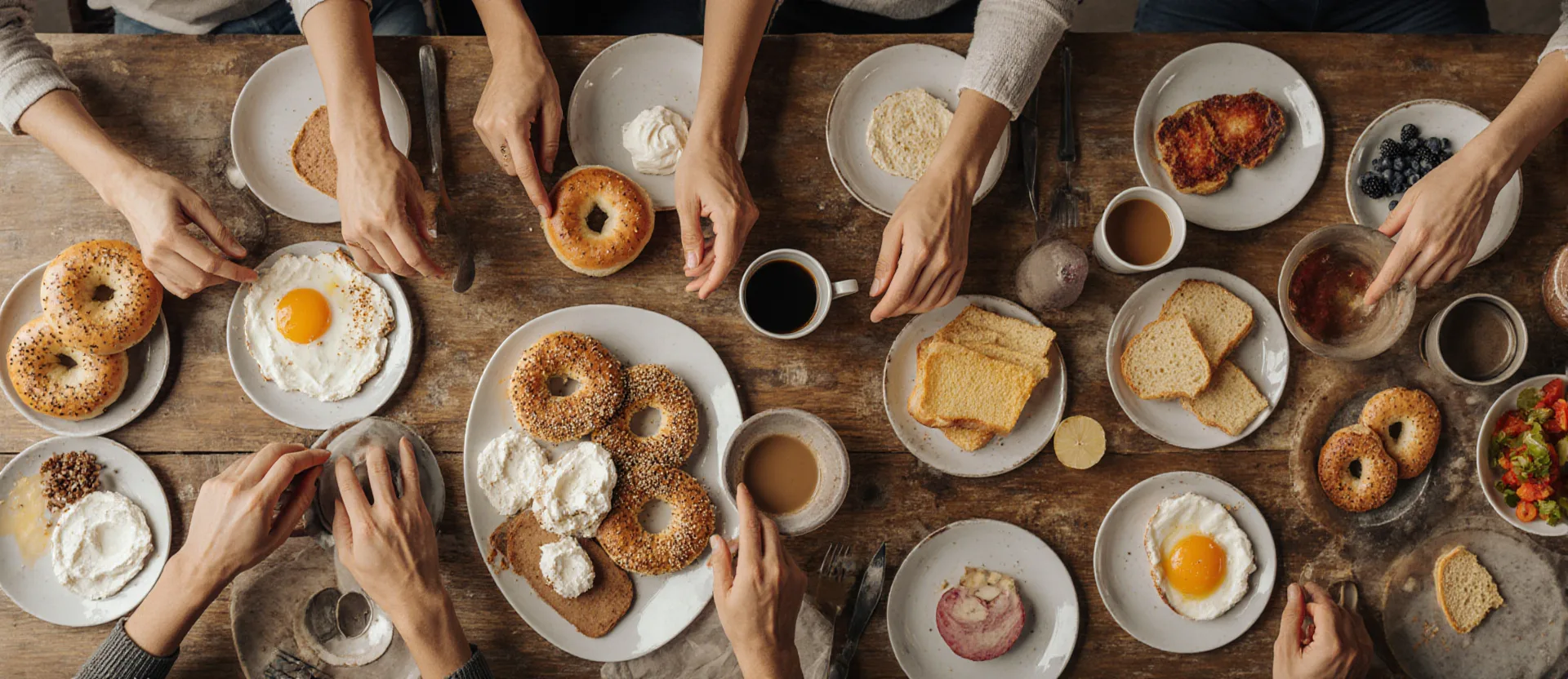 Brunch event catering spread with bagels, lox, fruit bowls, and juice pitchers