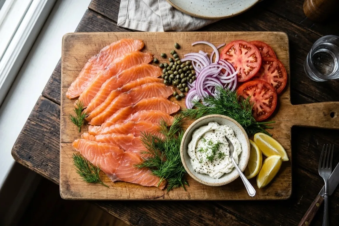 Wild-caught lox and smoked fish board with capers and dill