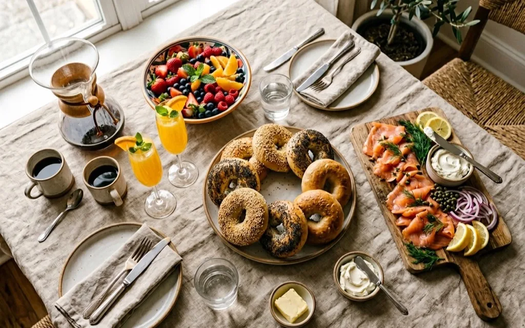 Classic brunch spread with hand-rolled bagels and cream cheese in Brooklyn