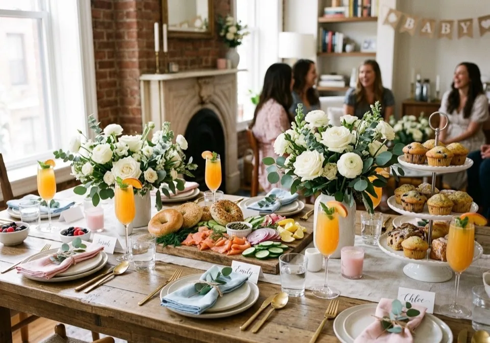 Baby shower brunch tablescape with bagel platter and pastel decor in Brooklyn