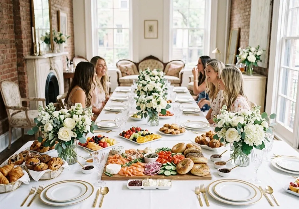 Bridal shower brunch with full bagel and lox spread in Brooklyn townhouse