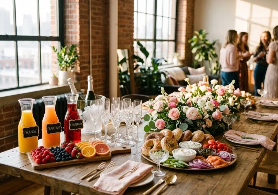 Engagement brunch with mimosa bar and bagel spread in Brooklyn loft