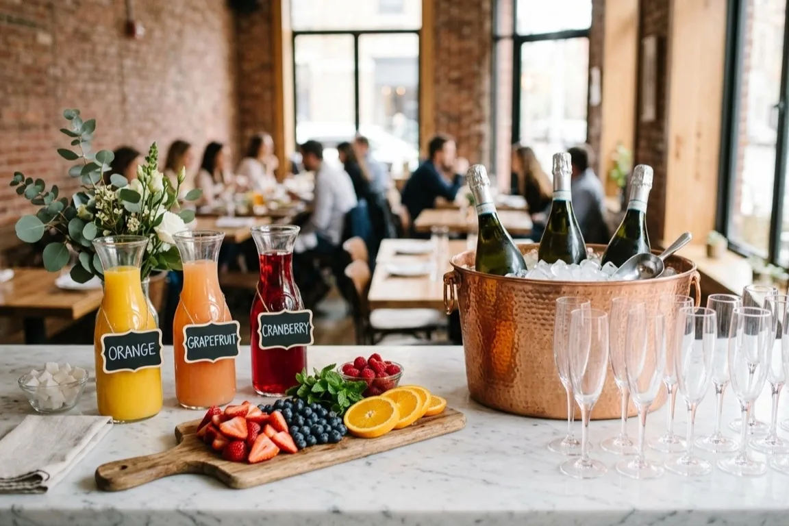 Mimosa bar setup with juice carafes and garnish board for Brooklyn brunch