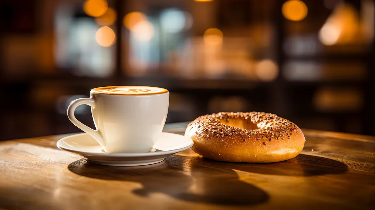A fresh bagel and a cup of house coffee on the counter at Bagel Point