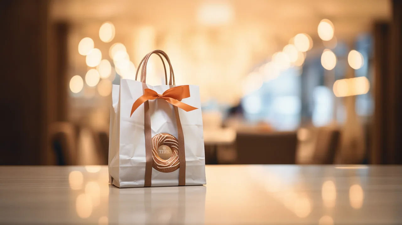 A Bagel Point gift bag tied with an orange ribbon