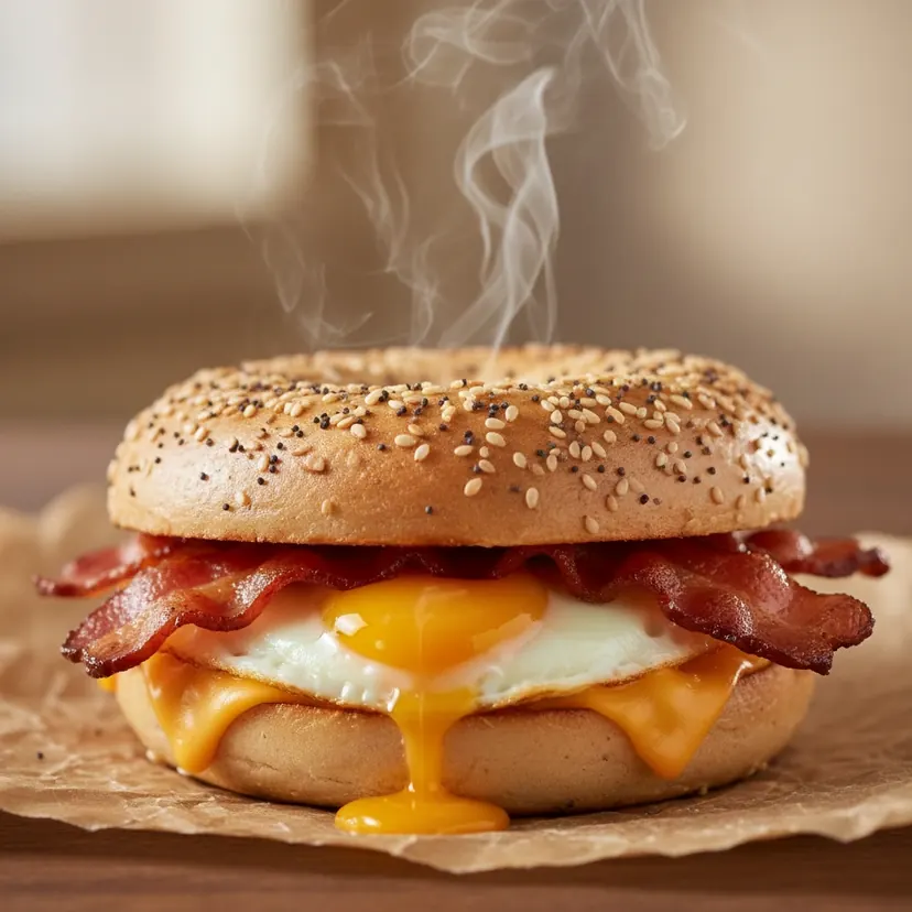 A breakfast bagel sandwich with egg and bacon