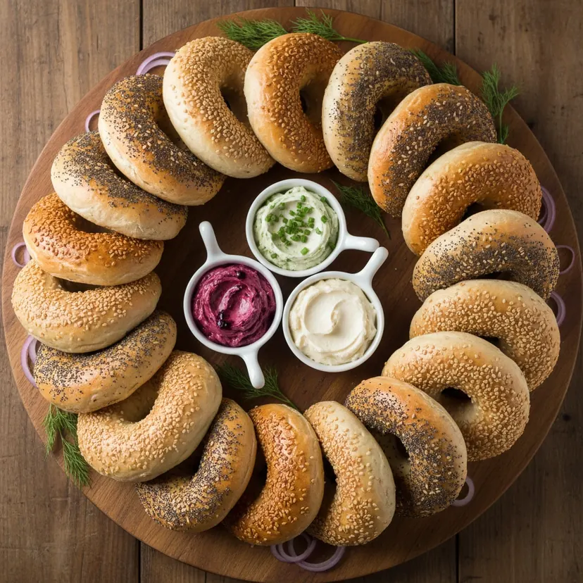 Bagels stacked around bowls of cream cheese spreads for an event