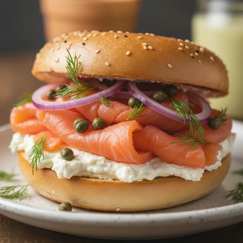A lox bagel with red onion, capers and dill
