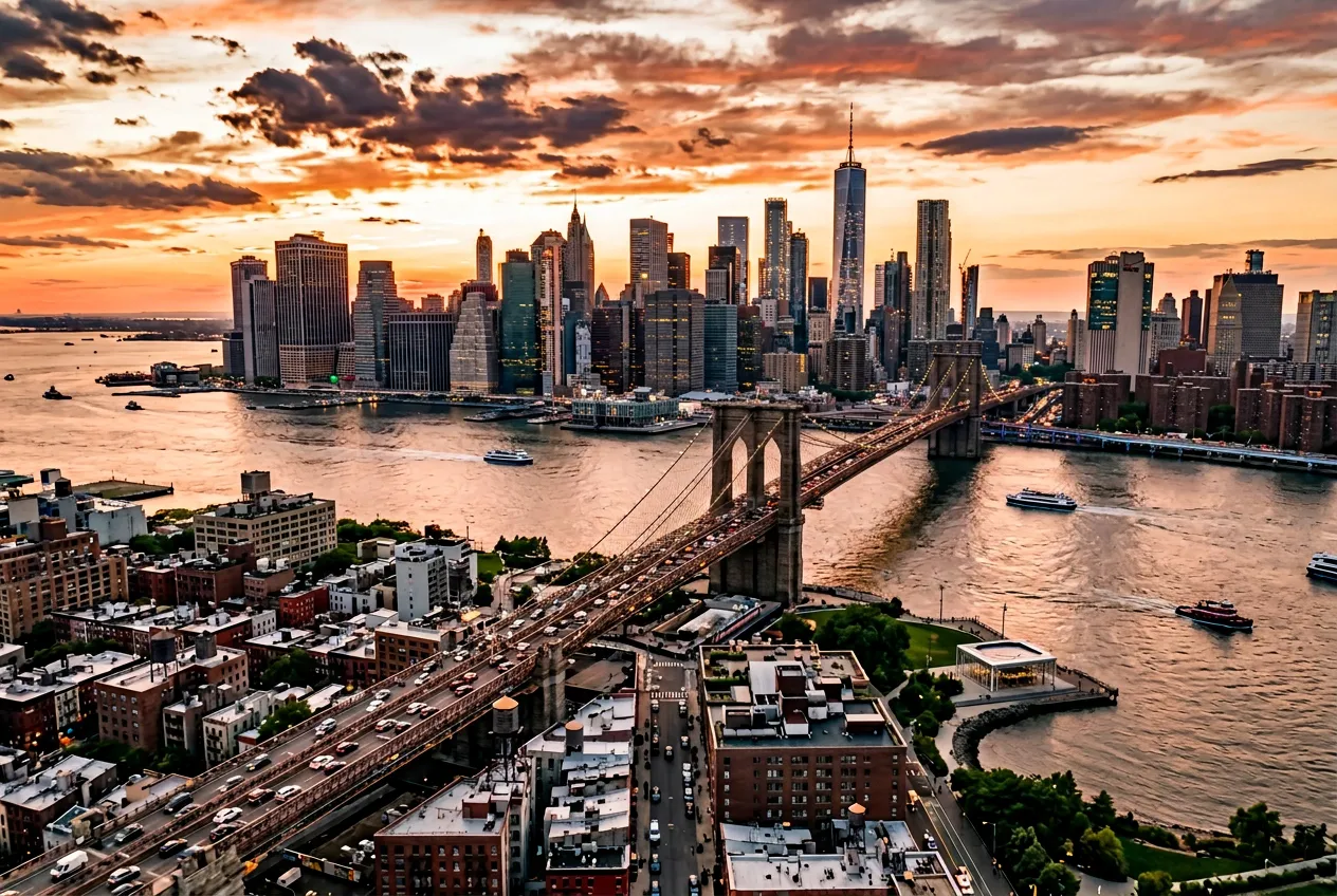 Brooklyn and Manhattan skyline showing Bagel Point's corporate catering delivery zones across NYC