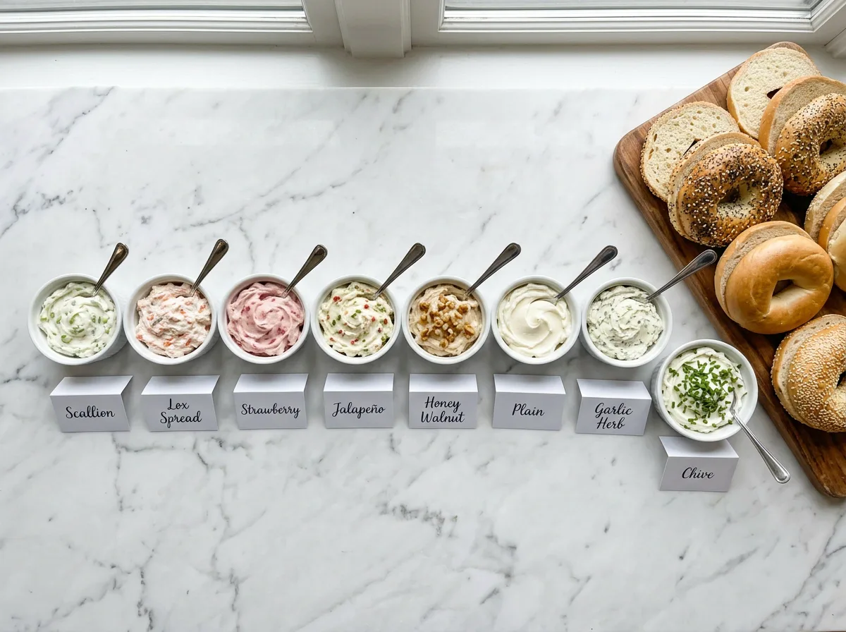 Assorted house-made cream cheeses in labeled bowls for corporate catering at Bagel Point