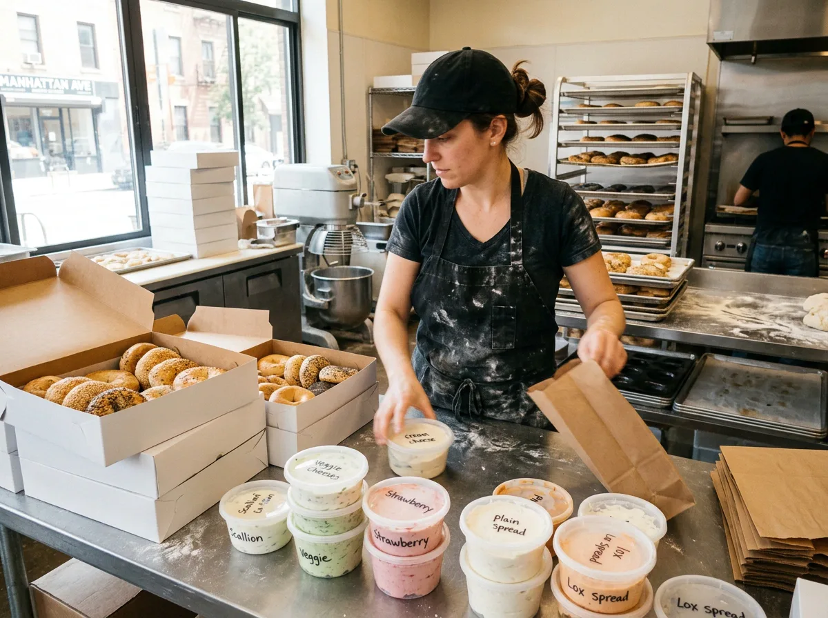 Bagel Point staff packing a large corporate catering order in the Greenpoint kitchen