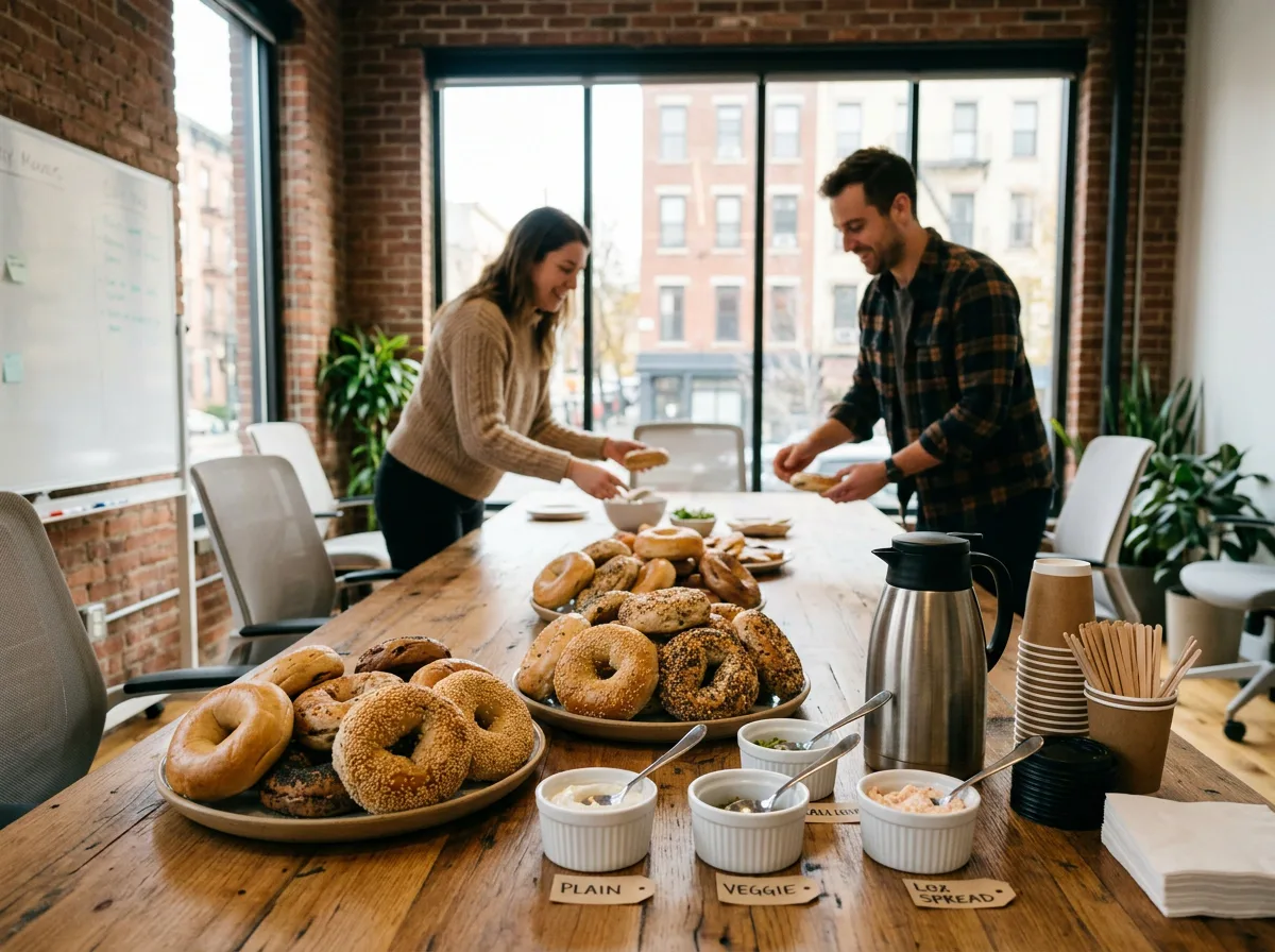 Weekly standing corporate catering order at a Williamsburg office with bagel platters and coffee