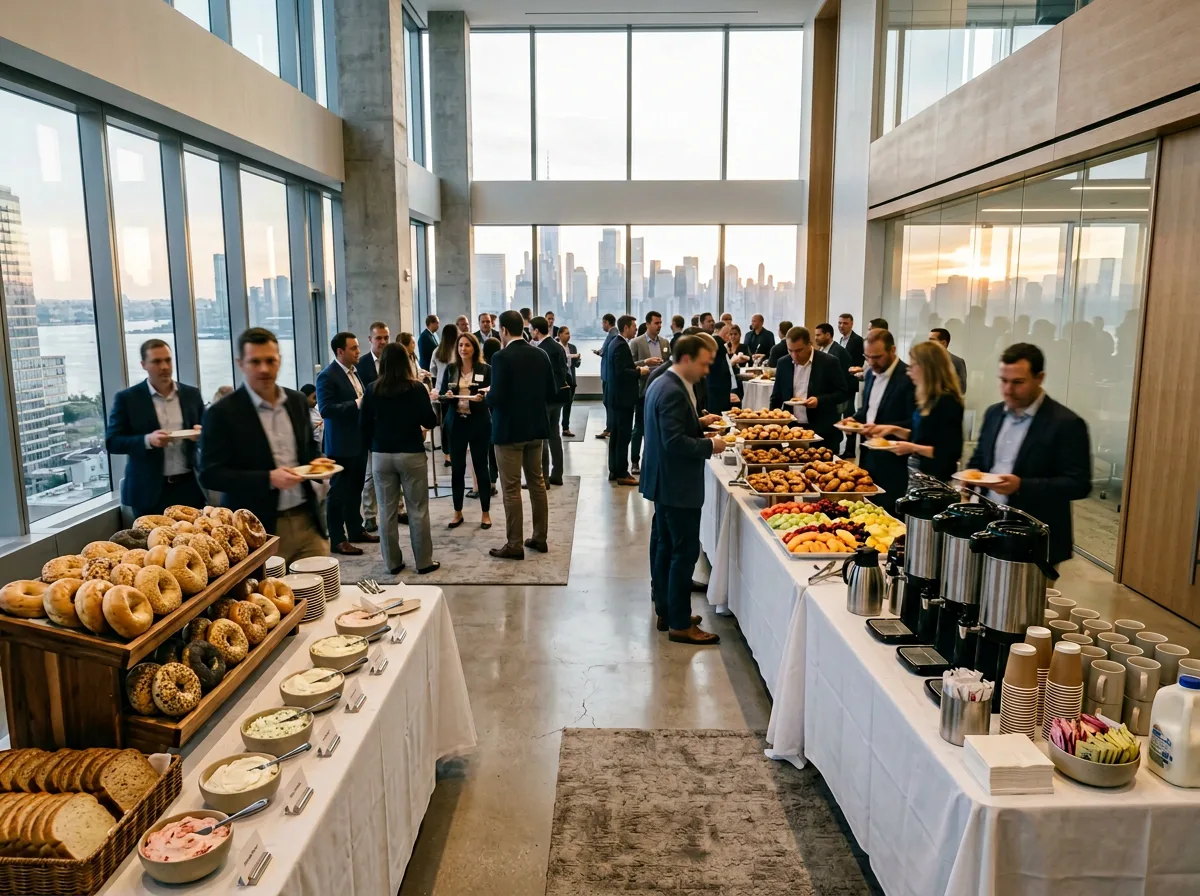 Corporate all-hands breakfast catering for 75 people in a Manhattan office with multiple bagel stations