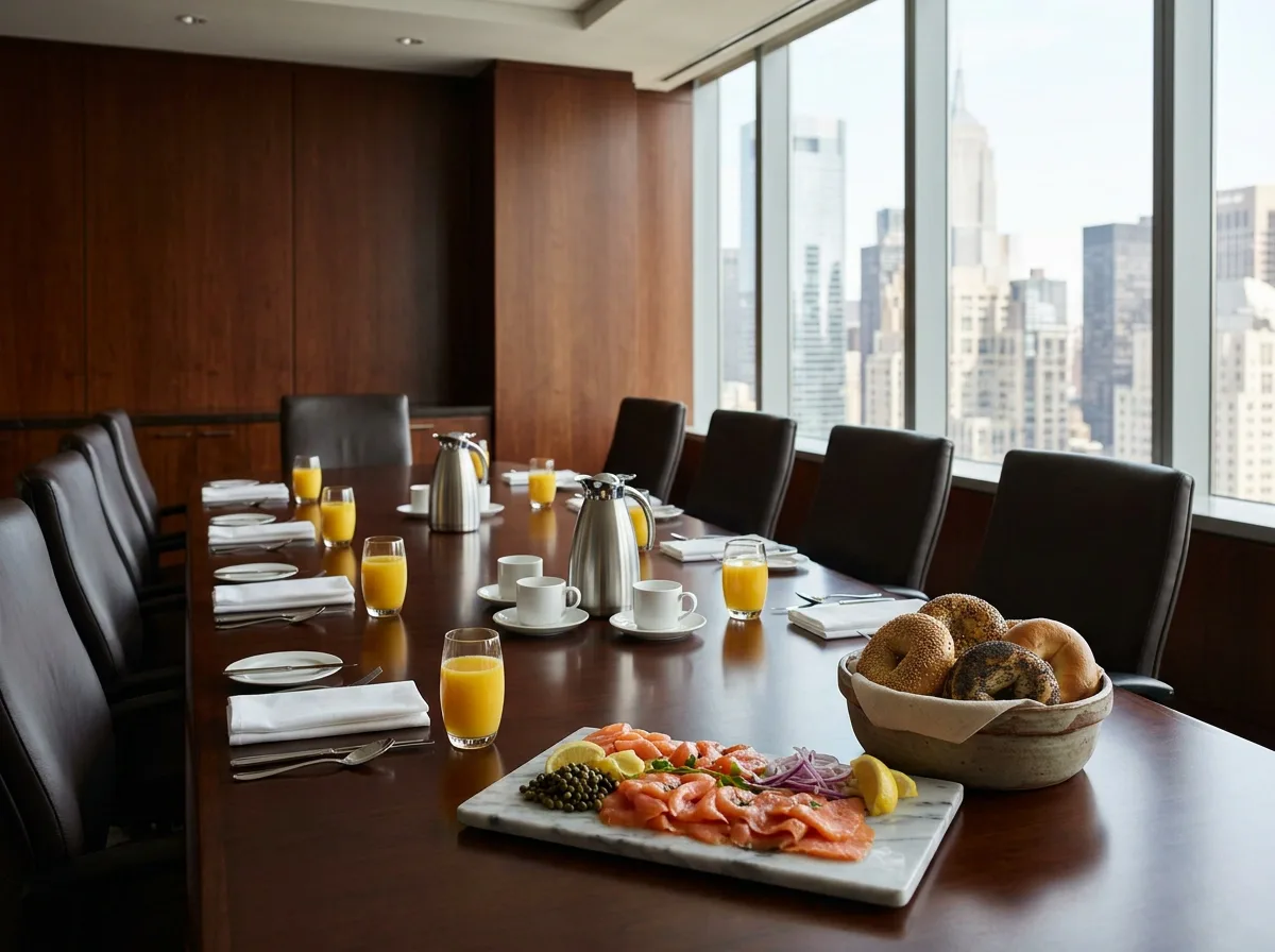 Corporate event breakfast catering with lox platter and premium bagel spread for a Financial District law firm