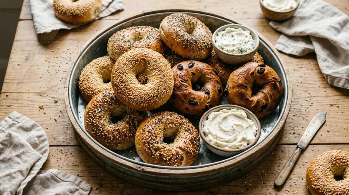Overhead view of a round tray of assorted sesame, everything and cinnamon raisin bagels with cream cheese bowls