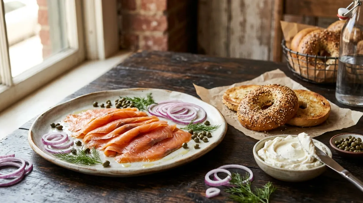 Hand sliced smoked salmon fanned on a platter beside halved bagels, capers, red onion and cream cheese