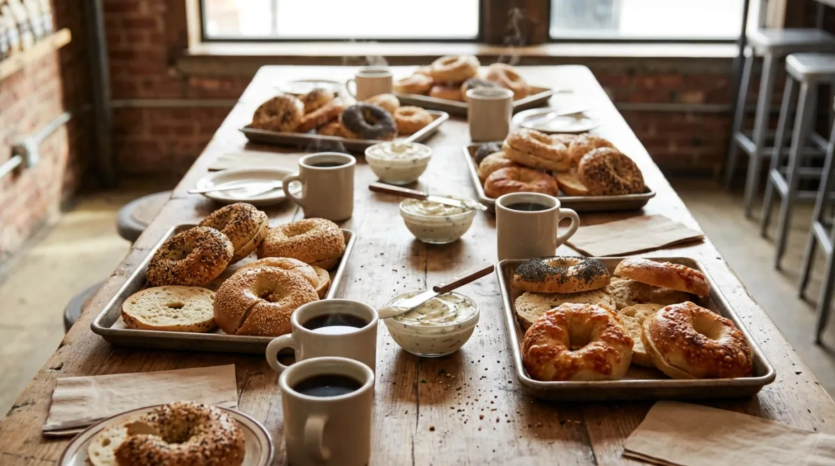 Long table with halved bagels on trays, bowls of cream cheese and cups of black coffee beside them