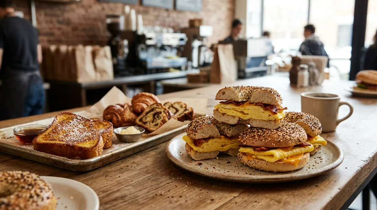 Platter of organic egg sandwiches on bagels next to a tray of golden French toast and pastries