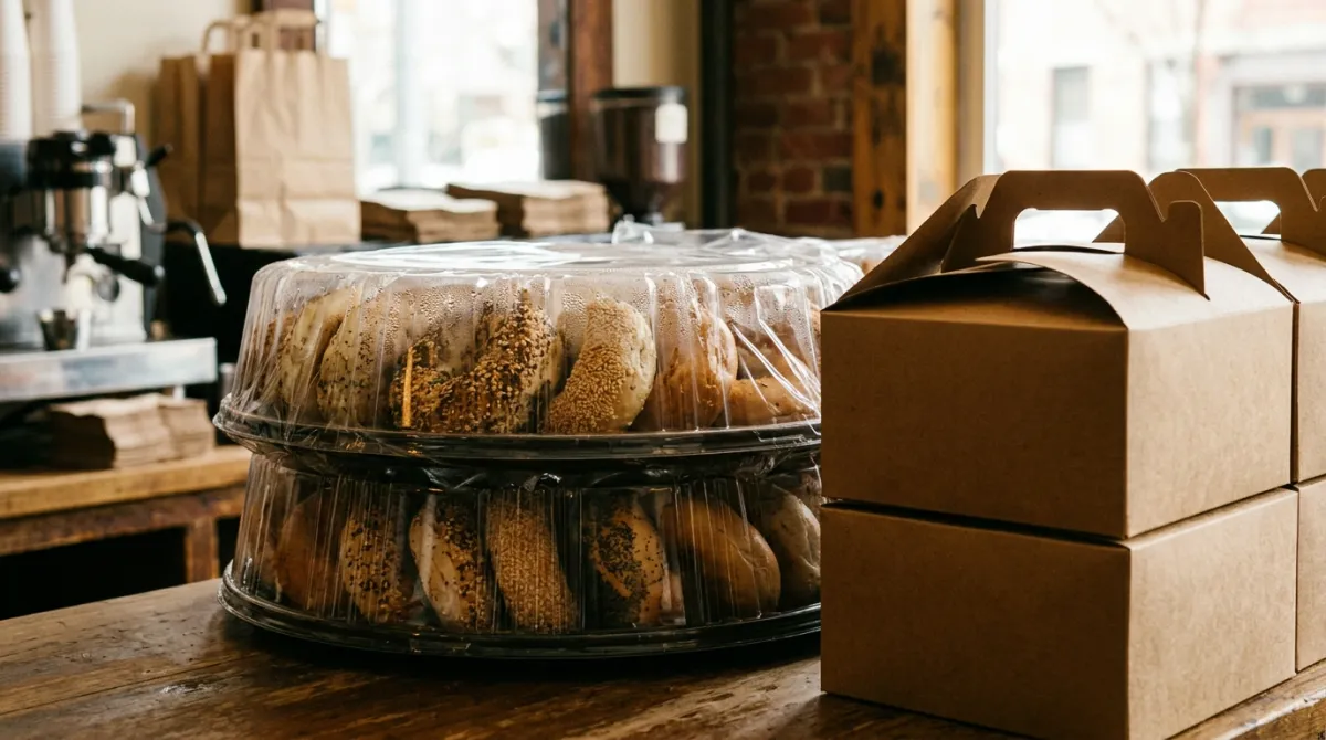Stack of wrapped catering trays of bagels and coffee boxes on a counter ready for pickup