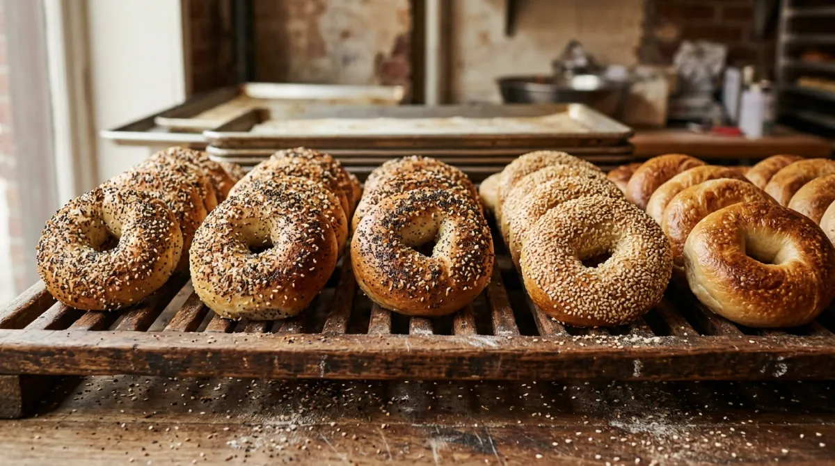 Rows of fresh hand rolled everything, sesame and plain bagels cooling on a wooden rack