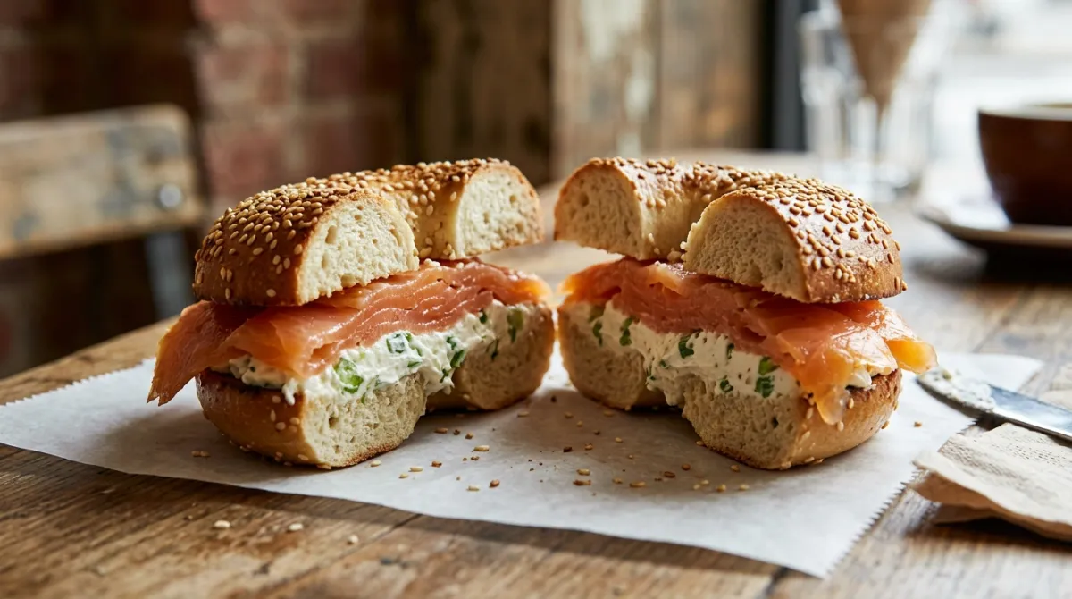 Toasted sesame bagel with thick scallion cream cheese and thin hand sliced smoked salmon