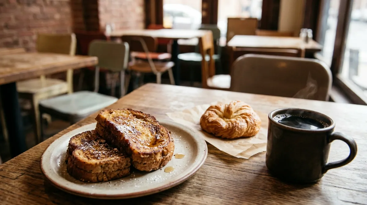 Thick slices of golden French toast beside a fresh pastry and a cup of black coffee