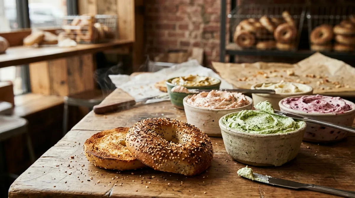 Several tubs of colorful house made cream cheese spreads beside a split toasted everything bagel