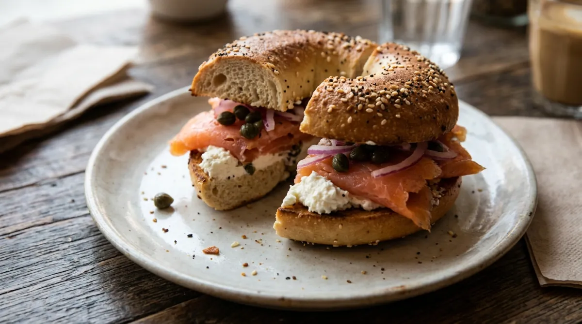 Bagel sandwich with hand sliced smoked salmon, cream cheese, capers and red onion on a plate