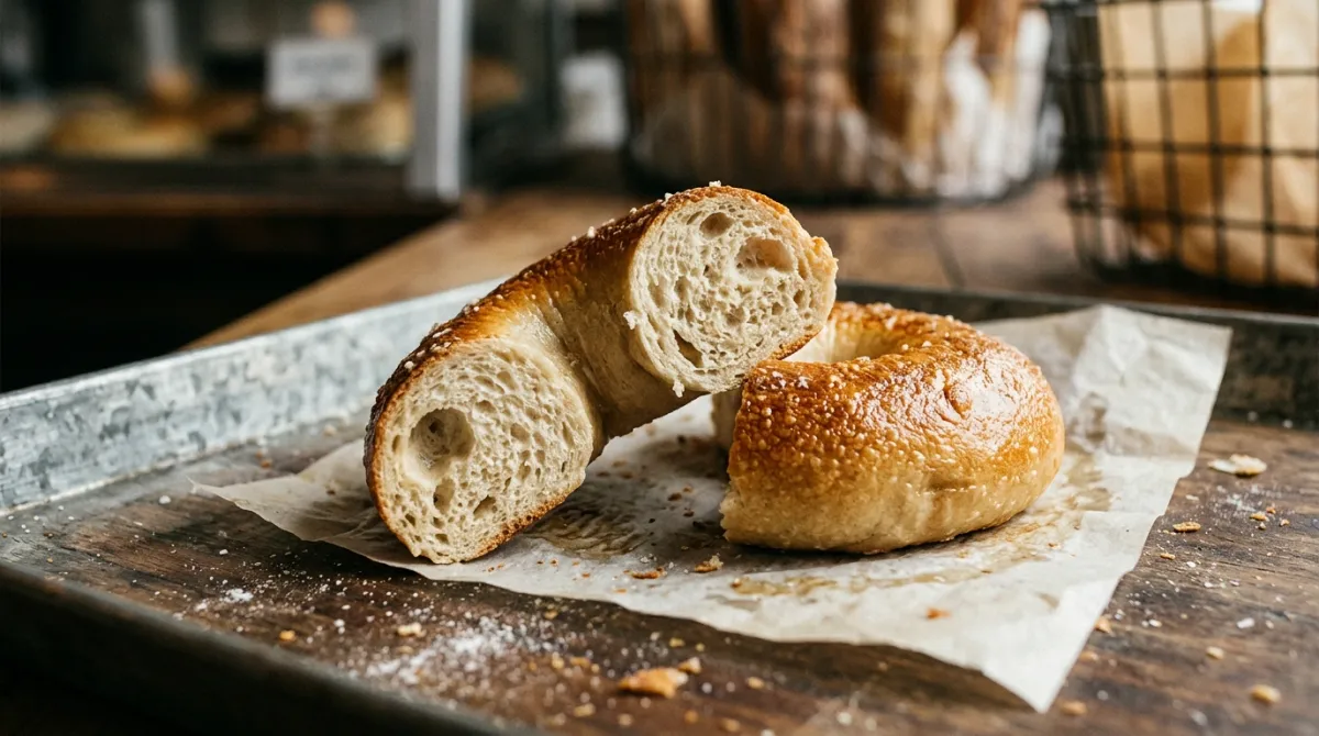 Close up of a torn plain bagel showing its chewy crumb and glossy golden crust