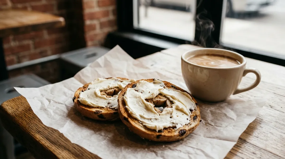 Cup of hot coffee next to a toasted cinnamon raisin bagel with plain cream cheese