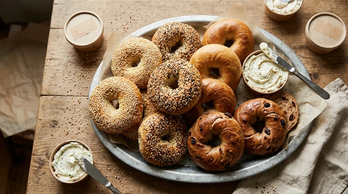 Overhead platter of fresh hand rolled sesame, everything, plain and cinnamon raisin bagels with cream cheese tubs