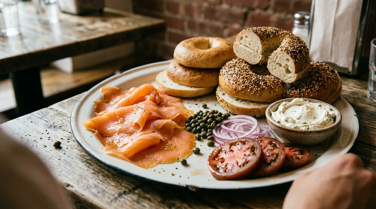 Platter of hand sliced smoked salmon with bagels, capers, red onion and tomato slices