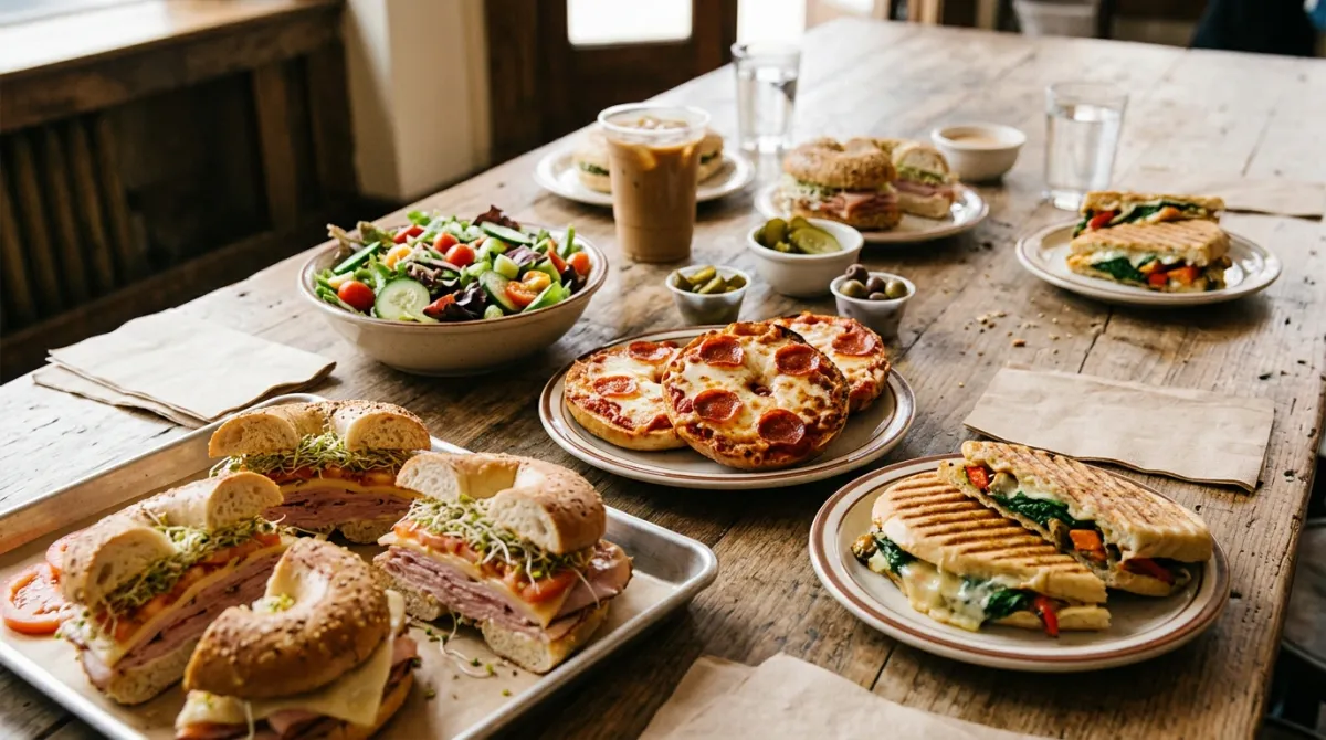 Lunch spread with paninis, pizza bagels, fresh salad and an open tray of sandwiches