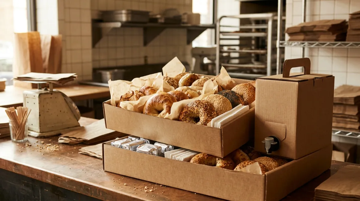 Stack of catering trays with wrapped bagels and coffee box ready on a shop counter