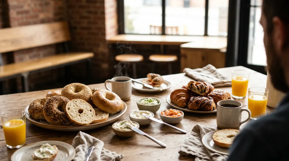 Breakfast table with bagels, cream cheese spreads, pastries, coffee and glasses of fresh juice