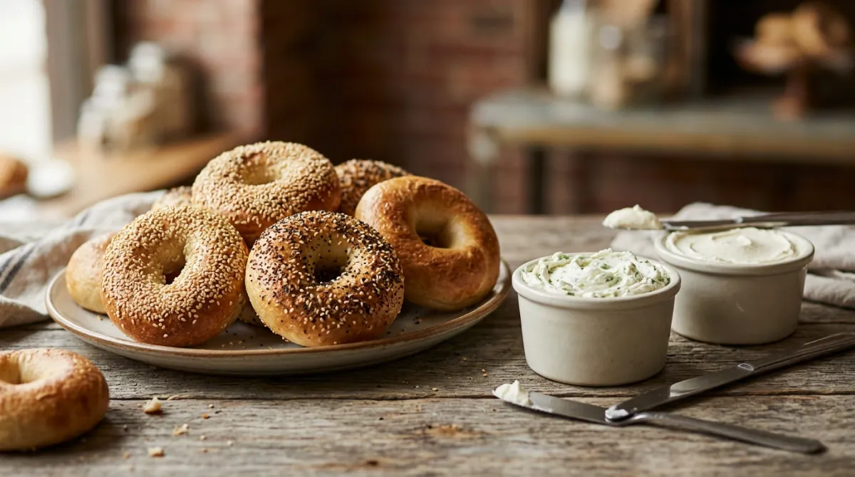 Platter of sesame, everything and plain bagels beside tubs of scallion and plain cream cheese