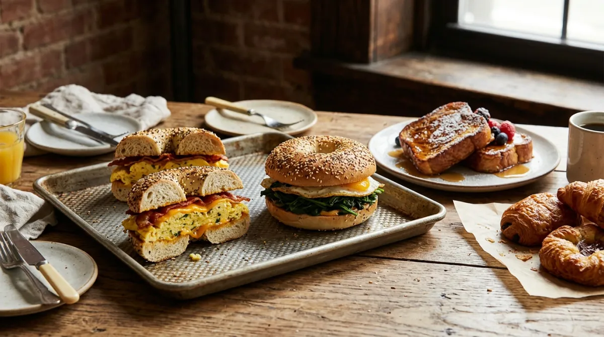 Organic egg sandwiches on bagels arranged on a tray next to French toast and pastries