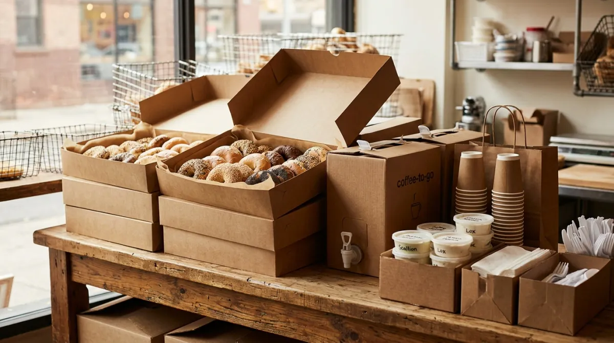 Stacked catering boxes of bagels and coffee ready for pickup on a bakery counter