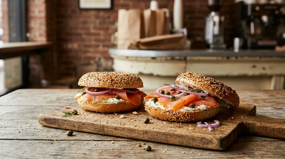Halved bagels with smoked salmon, capers and red onion on a wooden board