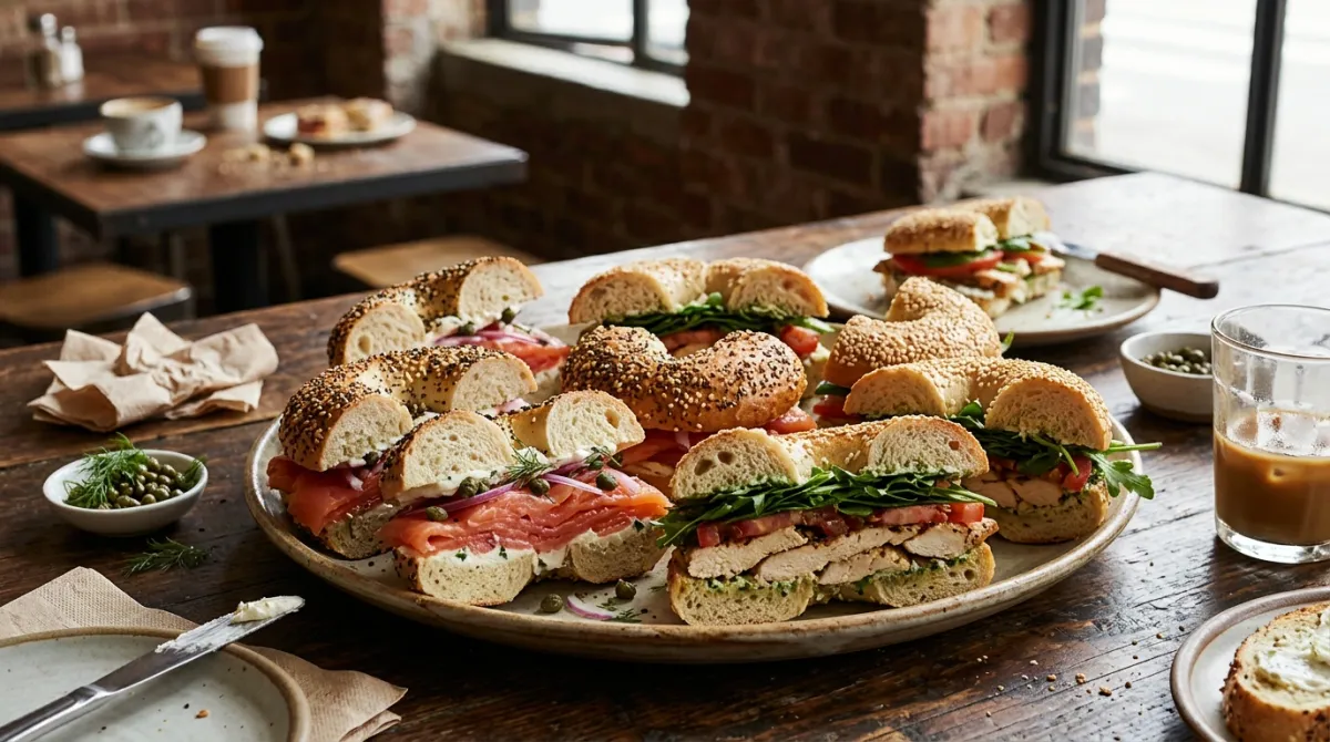 Platter of halved bagel sandwiches with smoked salmon, chicken and fresh greens on a wooden table