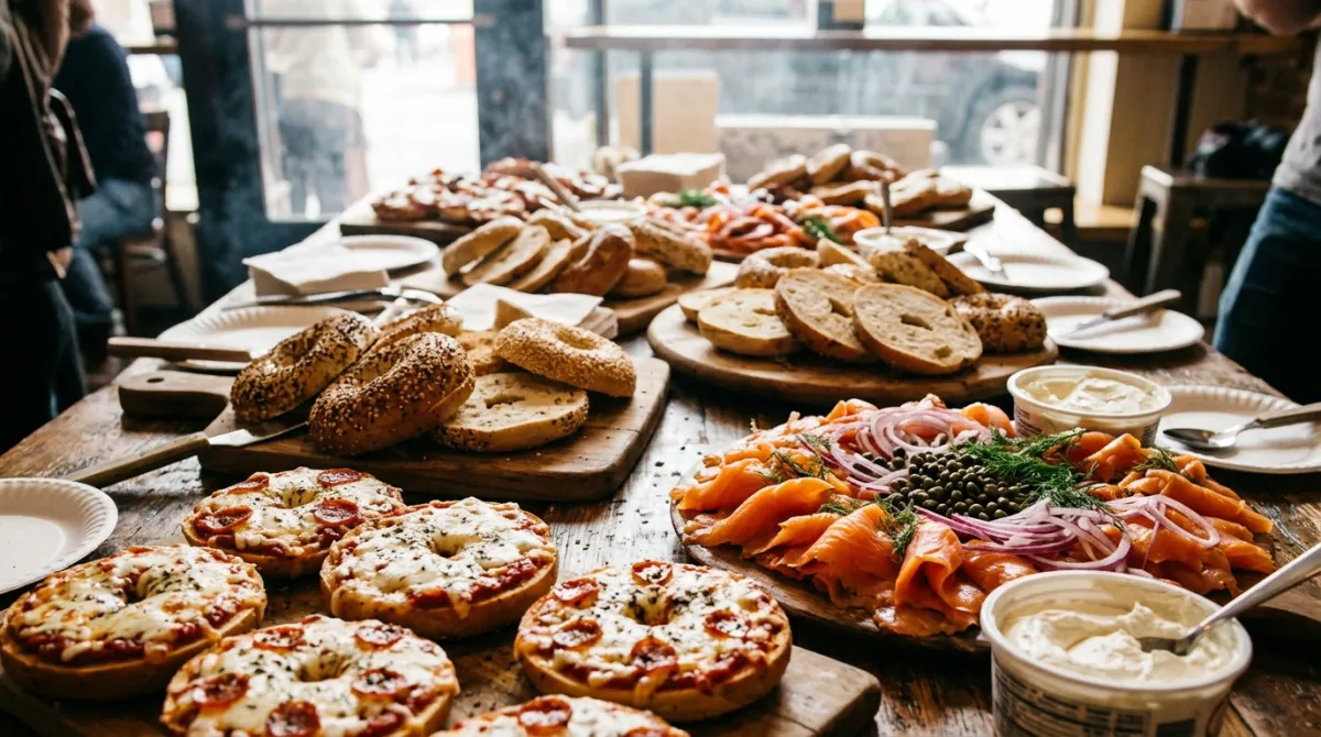 Party table with pizza bagels, a lox platter with capers and onions, and sliced bagels