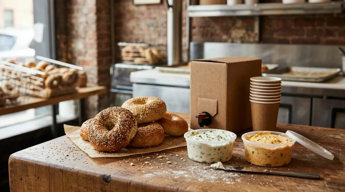 Cream cheese tubs in scallion and jalapeno cheddar beside fresh bagels and a coffee box
