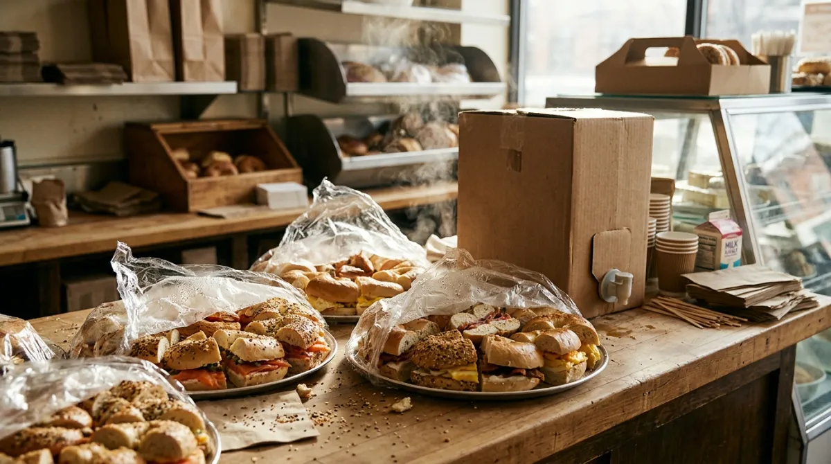 Wrapped sandwich platters and a coffee box ready on a bagel shop counter