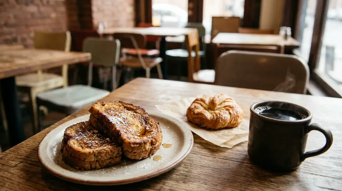 Thick slices of golden French toast beside a fresh pastry and a cup of black coffee
