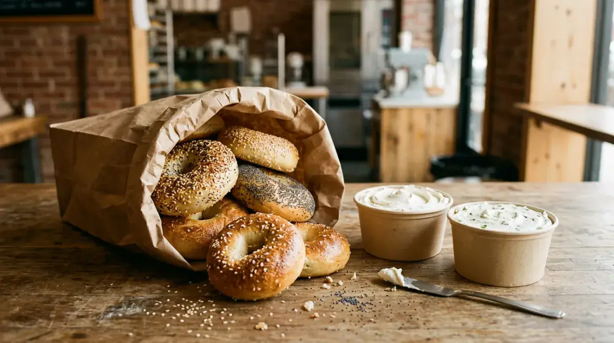Paper bag overflowing with assorted fresh bagels next to tubs of house made cream cheese