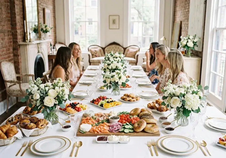 Bridal shower brunch with full bagel and lox spread in Brooklyn townhouse