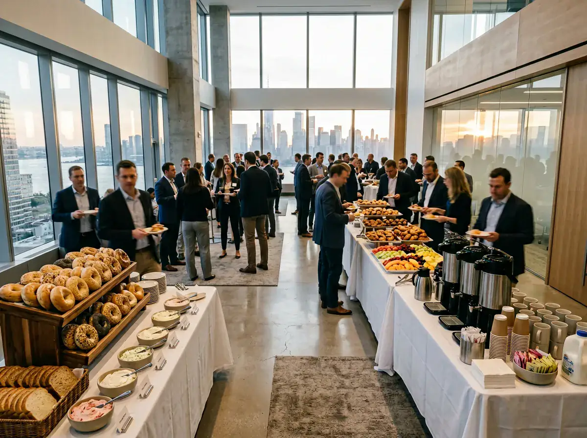 Corporate all-hands breakfast catering for 75 people in a Manhattan office with multiple bagel stations
