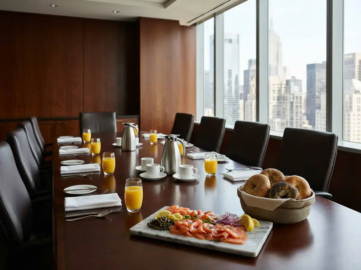 Corporate event breakfast catering with lox platter and premium bagel spread for a Financial District law firm